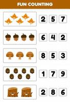 Education game for children fun counting and choosing the correct number of cute cartoon maple leaf acorn mushroom pinecone wood log printable nature worksheet vector