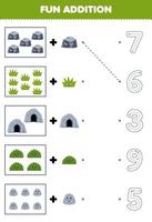 Education game for children fun counting and add one more cartoon stone grass cave bush then choose the correct number nature worksheet vector