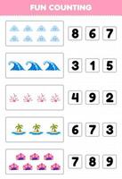 juego educativo para niños diversión contando y eligiendo el número correcto de hoja de trabajo de naturaleza imprimible de isla de coral de onda de nube de dibujos animados lindo vector