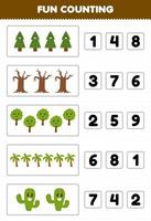 Education game for children fun counting and choosing the correct number of cute cartoon tree printable nature worksheet vector