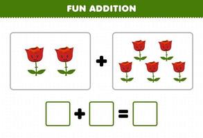 Education game for children fun addition by counting cute cartoon rose flower pictures printable nature worksheet vector