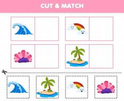 Education game for children cut and match the same picture of cute cartoon rainbow wave coral island printable nature worksheet vector