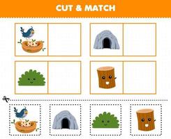 Education game for children cut and match the same picture of cute cartoon bird nest cave bush wood log printable nature worksheet vector