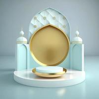 Islamic theme product display background in 3d rendering illustration design, Mosque portal frame with podium or stage and empty space. photo