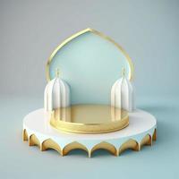 Islamic theme product display background in 3d rendering illustration design, Mosque portal frame with podium or stage and empty space. photo