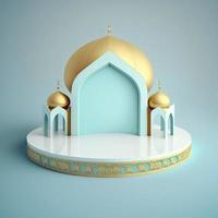 Islamic theme product display background in 3d rendering illustration design, Mosque portal frame with podium or stage and empty space. photo