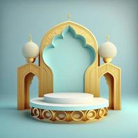 Islamic theme product display background in 3d rendering illustration design, Mosque portal frame with podium or stage and empty space. photo