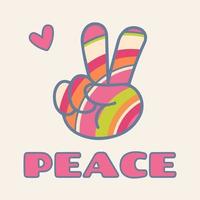 Icon, sticker in hippie style with floral V sign in rainbow colors and text Peace on a beige background vector