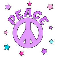 Icon, sticker in hippie style with violet Peace sign, text Peace and stars on white background. retro style vector