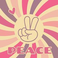 icono, pegatina en estilo hippie con signo v, corazón y paz de texto en el fondo de la ola vector