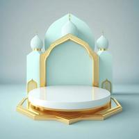 Islamic theme product display background in 3d rendering illustration design, Mosque portal frame with podium or stage and empty space. photo