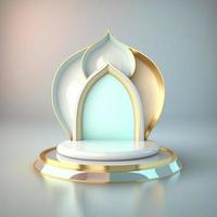 Islamic ramadan podium background of futuristic and modern 3d realistic mosque with scene and stage for product display photo