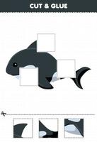 juego educativo para niños corta y pega partes cortadas de una linda orca de dibujos animados y pégalas hoja de trabajo subacuática imprimible vector