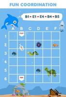 Education game for children draw the way according to the coordinates to help dolphin move to the coral stone printable underwater worksheet vector