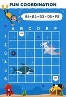 Education game for children draw the way according to the coordinates to help diver move to the treasure chest printable underwater worksheet vector