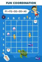 Education game for children draw the way according to the coordinates to help diver move to the bottle printable underwater worksheet vector