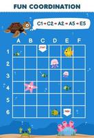 Education game for children draw the way according to the coordinates to help turtle move to the coral printable underwater worksheet vector