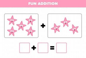 Education game for children fun addition by counting cute cartoon starfish pictures printable underwater worksheet vector