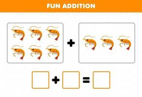 Education game for children fun addition by counting cute cartoon shrimp pictures printable underwater worksheet vector