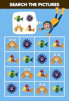 juego educativo para niños ayuda al buzo de dibujos animados lindo a cuadrar la imagen correcta del conjunto de animales hoja de trabajo subacuática imprimible vector
