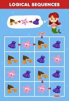 Education game for children logical sequence help mermaid sort hermit crab starfish and shell from start to finish printable underwater worksheet vector