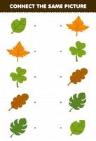 Education game for children connect the same picture of cartoon leaf printable nature worksheet vector