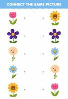 juego educativo para niños conectar la misma imagen de hoja de trabajo de naturaleza imprimible de flor de dibujos animados vector