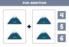 Education game for children fun addition by count and choose the correct answer of cute cartoon mountain printable nature worksheet vector