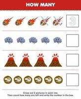 Education game for children count how many cute cartoon meteor volcano smoke fossil and write the number in the box printable nature worksheet vector