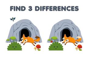 Education game for children find three differences between two cute cartoon fox jump in front of the cave printable nature worksheet vector