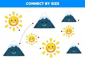 Educational game for kids connect by the size of cute cartoon sun and mountain printable nature worksheet vector