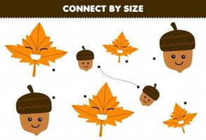 Educational game for kids connect by the size of cute cartoon maple leaf and acorn printable nature worksheet vector