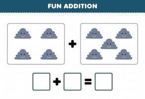 Education game for children fun addition by counting cute cartoon cloud pictures printable nature worksheet vector