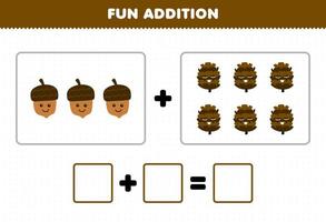 Education game for children fun addition by counting cute cartoon acorn and pinecone pictures printable nature worksheet vector