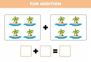 Education game for children fun addition by counting cute cartoon island pictures printable nature worksheet vector