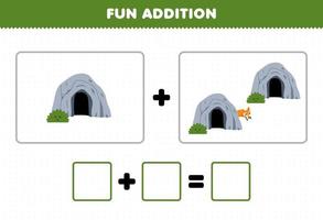 Education game for children fun addition by counting cute cartoon cave pictures printable nature worksheet vector
