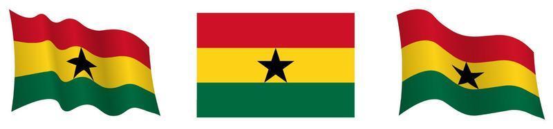 Ghana flag in static position and in motion, fluttering in wind in exact colors and sizes, on white background