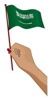 la mano femenina sostiene suavemente una pequeña bandera del reino de arabia saudita. elemento de diseño de vacaciones. vector de dibujos animados sobre fondo blanco