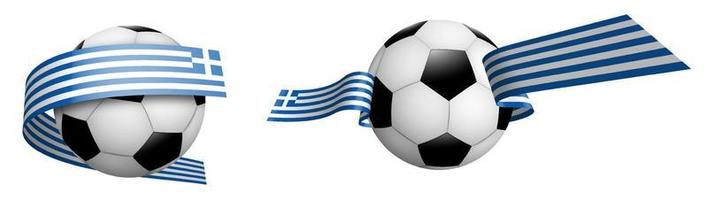 balls for soccer, classic football in ribbons with colors Greece flag. Design element for football competitions. Isolated vector on white background