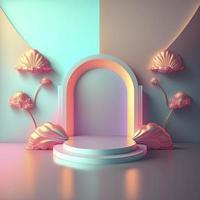 ilustración 3d realista de podio con adorno floral para banner de producto foto