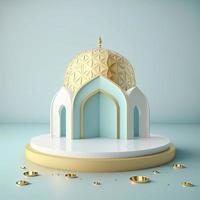 Islamic theme product display background in 3d rendering illustration design, Mosque portal frame with podium or stage and empty space. photo