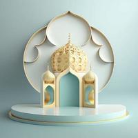 Islamic theme product display background in 3d rendering illustration design, Mosque portal frame with podium or stage and empty space. photo