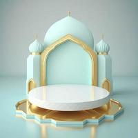 Islamic theme product display background in 3d rendering illustration design, Mosque portal frame with podium or stage and empty space. photo