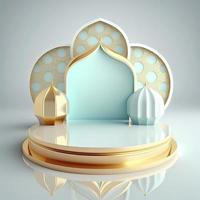 Islamic ramadan podium background of futuristic and modern 3d realistic mosque with scene and stage for product display photo