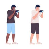 hacer fotos de turismo conjunto de caracteres de vector de color semiplano. figura editable. persona de cuerpo completo en blanco. chico con cámara ilustración de estilo de dibujos animados simple para diseño gráfico web y animación