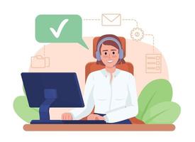 Customer service problem-solving skill 2D vector isolated illustration. Smiling assistant with headset flat character on cartoon background. Colorful editable scene for mobile, website, presentation