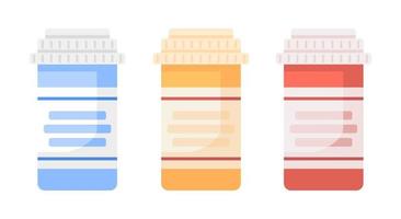 Bottles with drugs semi flat color vector objects set. Editable items. Full size element on white. Liquid medicines. Pills simple cartoon style illustrations for web graphic design and animation pack