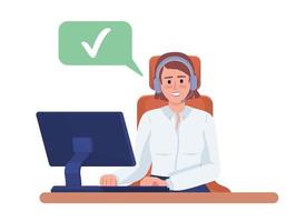 Smiling female call center assistant semi flat color vector character. Editable figure with checkmark. Full body person on white. Simple cartoon style illustration for web graphic design and animation