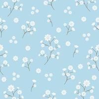 Seamless pattern with white flowers is tiny elegant flowers and stems  on blue background. Botanical hand drawing pattern. Texture for fabric, gift wrapping, wallpaper. illustration vector 10 eps.