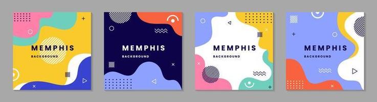 Abstract Colorful Memphis Square Background. Trendy geometric abstract square template. Color modern geometrical background with wavy lines and dotted pattern vector set. illustration vector 10 eps.